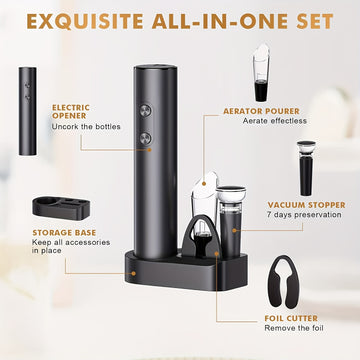 Juego de Abrebotellas Eléctrico Automático de 5 Piezas, Cortador de Papel Aluminio, Tapones y Base de Almacenamiento - Funciona con Batería Seca, Requiere 4 Pilas AAA (No Incluidas) - Corcho para Mantenimiento del Vacío Fresco, Vertedor, Juego de Vajilla