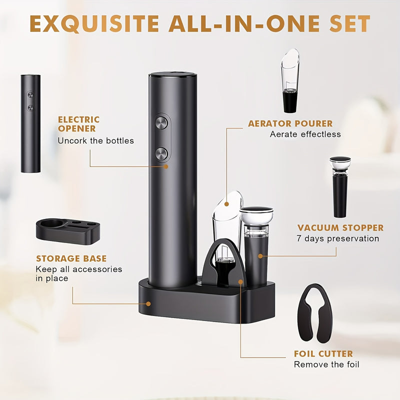 Juego de Abrebotellas Eléctrico Automático de 5 Piezas, Cortador de Papel Aluminio, Tapones y Base de Almacenamiento - Funciona con Batería Seca, Requiere 4 Pilas AAA (No Incluidas) - Corcho para Mantenimiento del Vacío Fresco, Vertedor, Juego de Vajilla