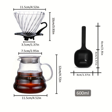 Juego de tres piezas de cafetera de vidrio de borosilicato resistente al calor, con taza de filtro con asa desmontable, cafetera de goteo transparente, adecuada para café preparado a mano, elección ideal para el hogar, oficina, cafetería, disponible en t