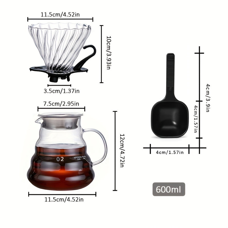 Juego de tres piezas de cafetera de vidrio de borosilicato resistente al calor, con taza de filtro con asa desmontable, cafetera de goteo transparente, adecuada para café preparado a mano, elección ideal para el hogar, oficina, cafetería, disponible en t