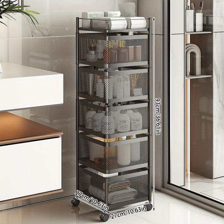 Estante metálico de 4 niveles con canastas giratorias, organizador portátil y ahorrador de espacio para cocina, baño o sala, negro, multifuncional con ruedas, estante para sala | Estante metálico moderno | Estante de malla metálica, estante de pie