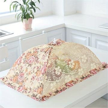 Cubierta de comida plegable con diseño floral, gran capacidad, redonda y rectangular, tejido no alimenticio con detalle de hilo metálico, perfecto para comer al aire libre y pícnic, mantel de pícnic | Decoración de mesa elegante | Detalle de hilo metálic