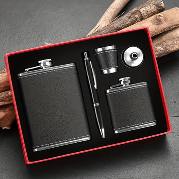 1 Juego de 8oz/1pc 30Z/1pc 80Z Frasco de Cuero Negro 8oz 18/8 acero inoxidable envuelto en cuero suave al tacto Set de Regalo 2 tazas y chimenea 100% a prueba de fugas para whisky, ron y vodka para hombres y mujeres