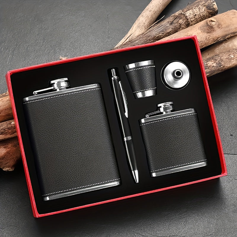 1 Juego de 8oz/1pc 30Z/1pc 80Z Frasco de Cuero Negro 8oz 18/8 acero inoxidable envuelto en cuero suave al tacto Set de Regalo 2 tazas y chimenea 100% a prueba de fugas para whisky, ron y vodka para hombres y mujeres