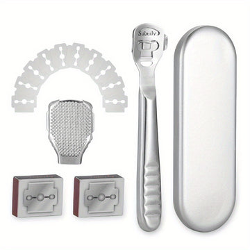 Un kit de afeitado de callos que incluye 20 cuchillas de repuesto, una navaja de callos y una lima para pies para el cuidado de los pies, todo empaquetado en una caja de metal. Es fácil de reemplazar y transportar, con bordes pulidos y mangos para comodi