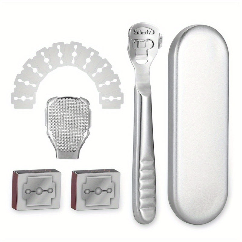Un kit de afeitado de callos que incluye 20 cuchillas de repuesto, una navaja de callos y una lima para pies para el cuidado de los pies, todo empaquetado en una caja de metal. Es fácil de reemplazar y transportar, con bordes pulidos y mangos para comodi