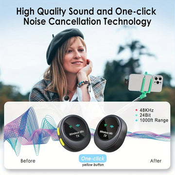 Microfono Inalámbrico Clip-On EVISTA con Reducción de Ruido, Alcance de 304.8 metros y Batería de 24 Horas – Estuche de Carga USB-C, Grabación con Un Solo Clic, Ideal para Streaming y Podcasting, Accesorio de Streaming | Diseño Elegante en Negro | Audio
