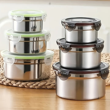1 Juego de 3 Contenedores de Conservación de Alimentos, A Prueba de Fugas, Reutilizables de Acero Inoxidable con Tapas, Adecuados para Tazones Sellados, Cajas de Almacenamiento de Alimentos Frescos y Cajas de Bento