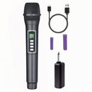 Micrófono inalámbrico negro, 2,4 GHz, sin cables, recargable por USB con batería, con enchufe de 6,35 mm, 4 efectos de cambio de voz, control de volumen, todo recargable, para actuaciones en vivo, conciertos, karaoke, estudios de grabación.