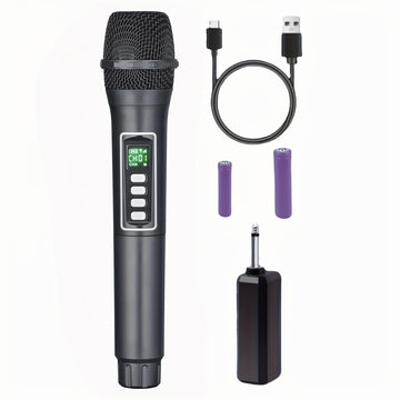 Micrófono inalámbrico negro, 2,4 GHz, sin cables, recargable por USB con batería, con enchufe de 6,35 mm, 4 efectos de cambio de voz, control de volumen, todo recargable, para actuaciones en vivo, conciertos, karaoke, estudios de grabación.