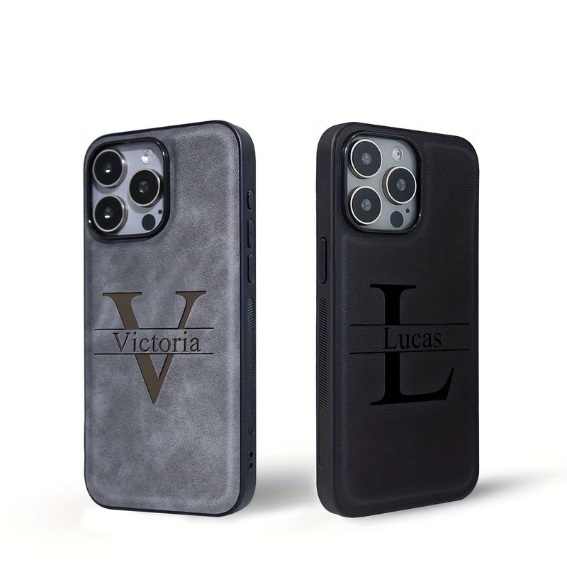 Estuche personalizado de lujo para negocios para modelos de iPhone 11 a 16 Pro Max, con iniciales personalizadas y grabado láser en una funda de piel sintética resistente a los golpes.