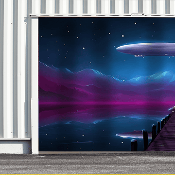 1pc Banderola de Puerta de Garaje con Reflejo del Lago y Montaña en Aeronave Fantástica - Paisaje Nocturno Vibrante con Estrellas, Poliéster Resistente al Clima, Sin Necesidad de Electricidad para Decoración Navideña, Halloween, Fiestas y Jardín, Tema Ac