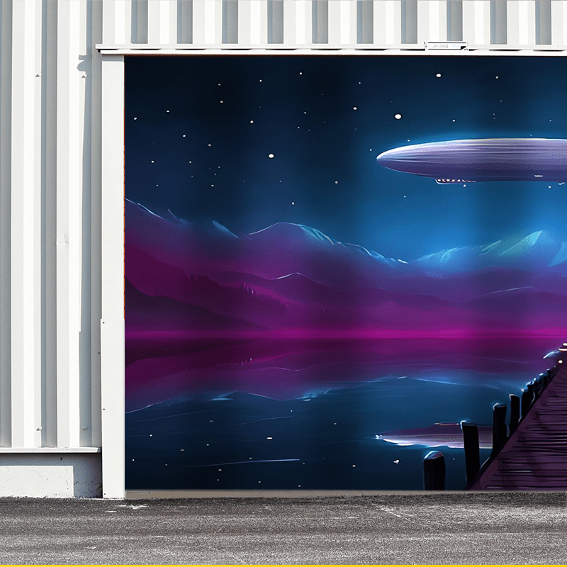 1pc Banderola de Puerta de Garaje con Reflejo del Lago y Montaña en Aeronave Fantástica - Paisaje Nocturno Vibrante con Estrellas, Poliéster Resistente al Clima, Sin Necesidad de Electricidad para Decoración Navideña, Halloween, Fiestas y Jardín, Tema Ac