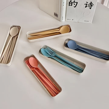 4 Piezas, Cubiertos Portátil De Paja De Trigo, Fácil De Limpiar Y Almacenar, Resistente A Caídas, Adecuado Para Estudiantes, Cuello Blanco, Cuello Azul, Uso De Viajes De Cena Al Aire Libre
