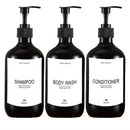 3pcs Botellas dispensadoras recargables de champú, acondicionador y gel de baño con bomba, contenedor dispensador de loción para baño con etiquetas impermeables de 500 ml / 16.9 oz, decoración del hogar, muebles para el hogar