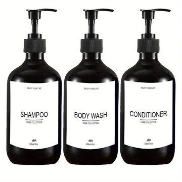 3pcs Botellas dispensadoras recargables de champú, acondicionador y gel de baño con bomba, contenedor dispensador de loción para baño con etiquetas impermeables de 500 ml / 16.9 oz, decoración del hogar, muebles para el hogar