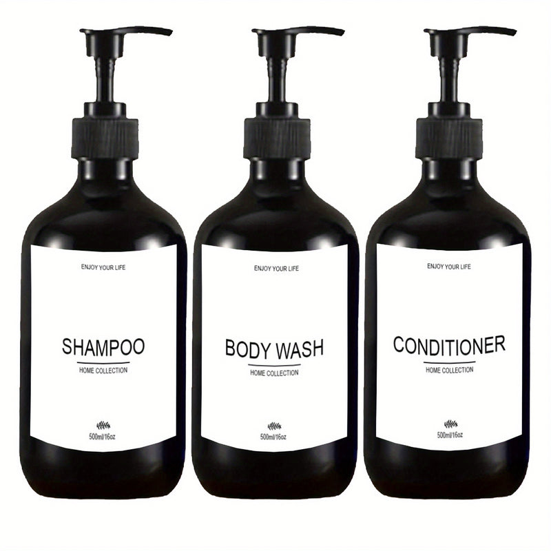 3pcs Botellas dispensadoras recargables de champú, acondicionador y gel de baño con bomba, contenedor dispensador de loción para baño con etiquetas impermeables de 500 ml / 16.9 oz, decoración del hogar, muebles para el hogar