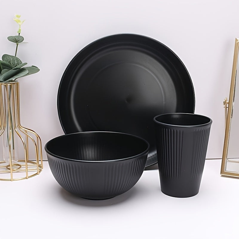 1 Juego de alta calidad de platos, tazas y vasos de paja negra - Incluye platos, tazones y tazas con diseño elegante de costuras - Perfecto para cumpleaños, fiestas y uso diario - Material de polipropileno seguro para alimentos, juego de platos diarios |