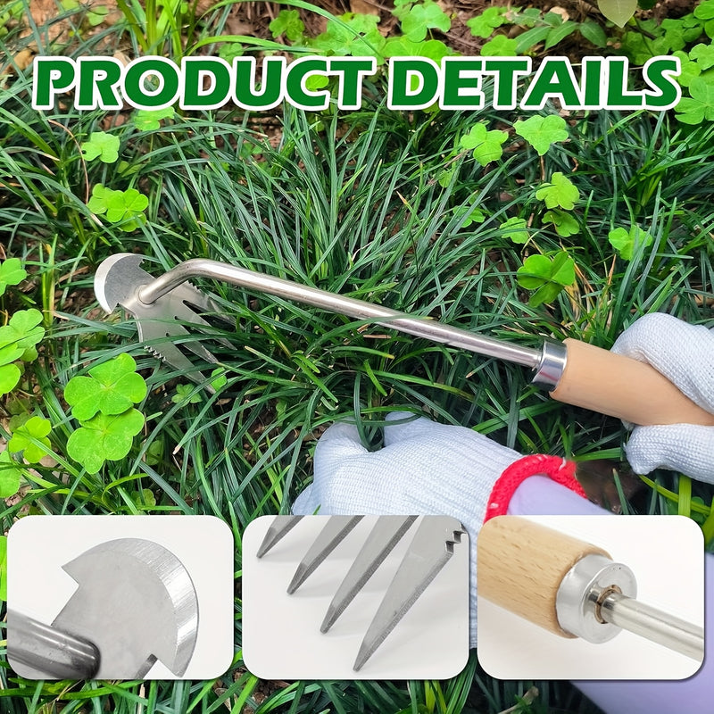 Pulidor de malezas manual de acero inoxidable con mango largo - Herramienta de desmalezamiento de jardín de doble propósito, diseño de 4 garras para la eliminación efectiva de raíces, mango de madera ergonómico para uso en jardines y granjas, eliminador
