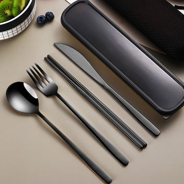 Juego de cubiertos portátil de acero inoxidable de 4 piezas, cuchillo de bistec occidental, tenedor, cuchara, juego de palillos.