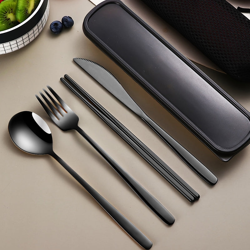 Juego de cubiertos portátil de acero inoxidable de 4 piezas, cuchillo de bistec occidental, tenedor, cuchara, juego de palillos.