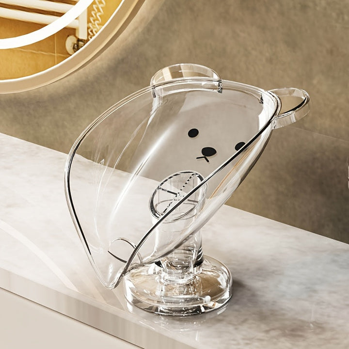 Plato de jabón ovalado de plástico transparente elegante, diseño de oso de dibujos animados, con ventosa y orificio de drenaje, para baño, cocina y ducha - Portasabón sin adhesivo, sin taladrar.