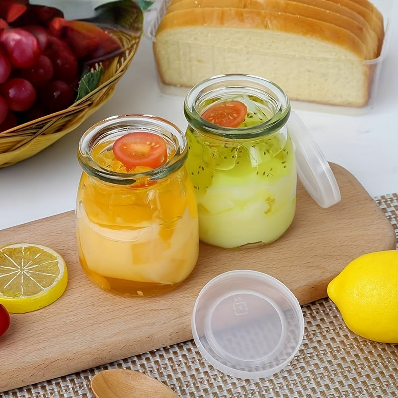 10 frascos de vidrio transparente de 4 oz con tapas de PE, recipientes reutilizables para yogur, pudín, leche, mermelada, jalea, mousse y miel, botes redondos con tapa abatible para organización de cocina, marca KHLOEE
