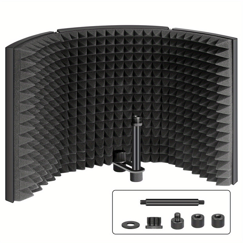 Escudo de Aislamiento de Micrófono de Estudio Profesional - Absorbente de Sonido de Espuma ABS Negra con Conector XLR, Soporte Ajustable y Soporte de Montaje para Grabación de Micrófono Condensador