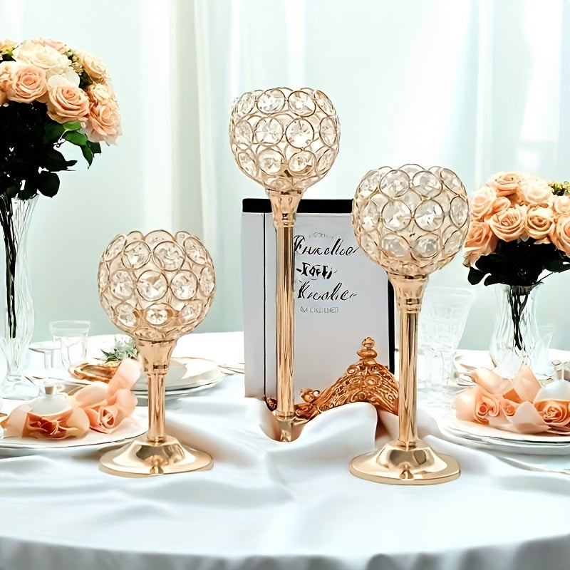 3 piezas de soportes de velas de cristal dorado elegante con acentos de cuarzo rosa - Perfectos para bodas, San Valentín, Navidad y fiestas (velas no incluidas), soportes de velas para mesa