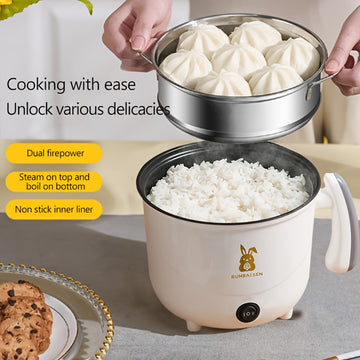 Cocina eléctrica pequeña con olla de acero inoxidable y cesta de vapor - Doble potencia, forro antiadherente, ideal para 1-2 personas, perfecta para vaporizar dumplings y más, cesta de vapor para cocinar.
