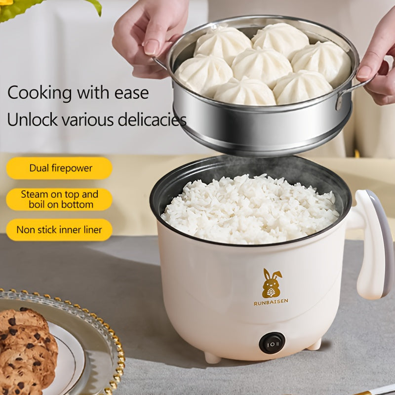 Cocina eléctrica pequeña con olla de acero inoxidable y cesta de vapor - Doble potencia, forro antiadherente, ideal para 1-2 personas, perfecta para vaporizar dumplings y más, cesta de vapor para cocinar.