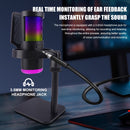 Micrófono de Juego Condensador Negro RGB de 1 pieza con Soporte para Escritorio para Computadoras y Smartphones - Ideal para Podcasting, Transmisión en Vivo y Grabación, Conexión USB-C, Brazo Ajustable, Diseño de Rejilla de Malla