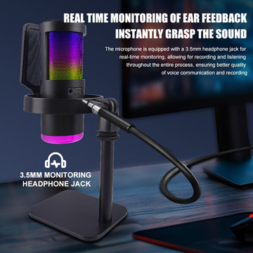 Micrófono de Juego Condensador Negro RGB de 1 pieza con Soporte para Escritorio para Computadoras y Smartphones - Ideal para Podcasting, Transmisión en Vivo y Grabación, Conexión USB-C, Brazo Ajustable, Diseño de Rejilla de Malla