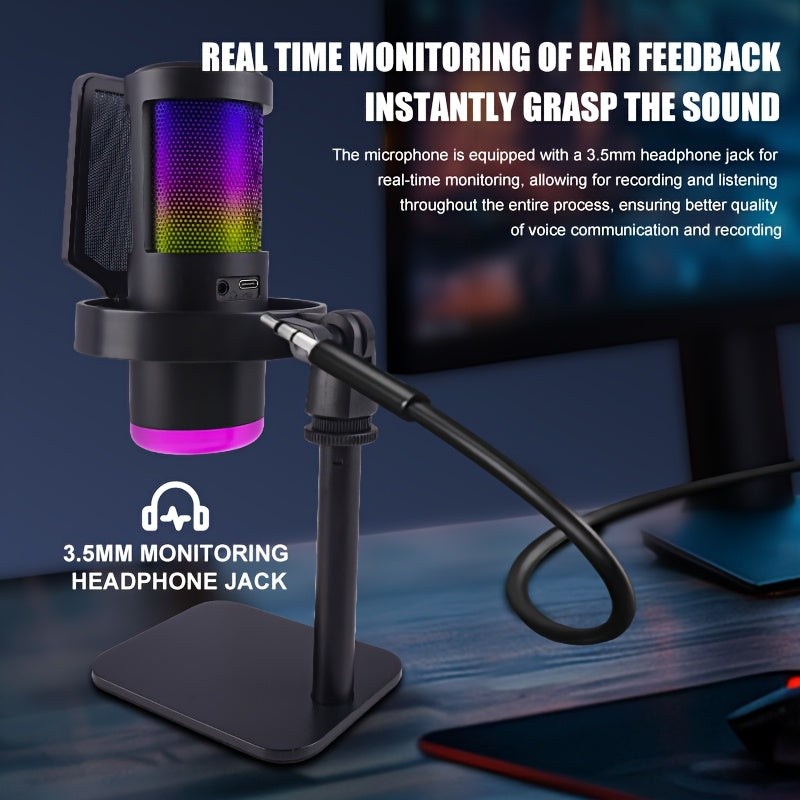 Micrófono de Juego Condensador Negro RGB de 1 pieza con Soporte para Escritorio para Computadoras y Smartphones - Ideal para Podcasting, Transmisión en Vivo y Grabación, Conexión USB-C, Brazo Ajustable, Diseño de Rejilla de Malla