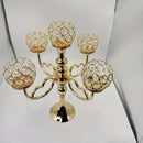 Candelabro de 5 cabezas con cristal dorado - Elegante decoración de mesa para bodas, cumpleaños y cenas románticas, accesorio de comedor romántico | Candelabro de cristal | Base metálica duradera, soporte de velas de cristal