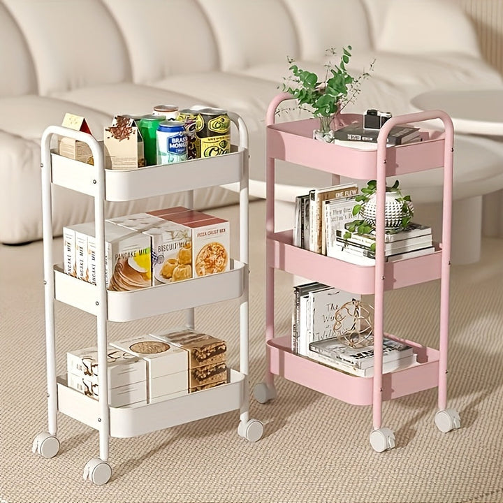Carrito de almacenamiento metálico giratorio de 3 niveles, rosa/blanco/rojo, organizador móvil duradero con ruedas para cocina, baño y dormitorio, estante compacto que ahorra espacio para alimentos, snacks y artículos de hogar, gancho de utilidad.