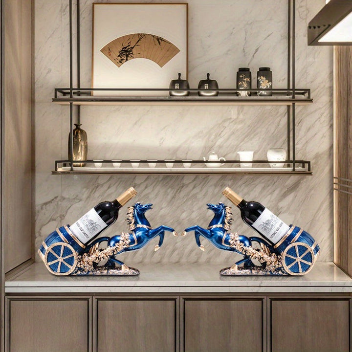 Elegante estante de vino azul para caballo - Diseño de resina lujoso con detalles dorados, ideal para cocina, comedor y decoración del hogar, perfecto para el Día de San Valentín, decoración de caballos.