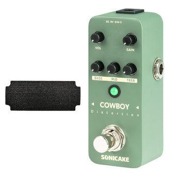 Pedal de Distorsión Sonicake Cowboy - Homenaje a Dimebag Darrell con Interruptor Dual (Bajo/Medios/Agudos), Construcción Metálica Resistente, Pedal Compacto Verde para Heavy Metal, Rock y Blues - Incluye Correa Hook and Loop, Compatible con 9V-18V DC (Po