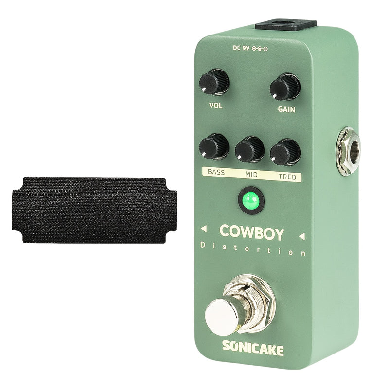 Pedal de Distorsión Sonicake Cowboy - Homenaje a Dimebag Darrell con Interruptor Dual (Bajo/Medios/Agudos), Construcción Metálica Resistente, Pedal Compacto Verde para Heavy Metal, Rock y Blues - Incluye Correa Hook and Loop, Compatible con 9V-18V DC (Po