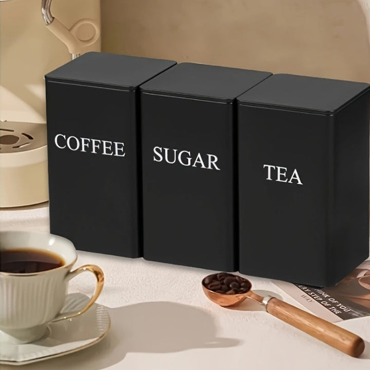 Jarrón de almacenamiento de hierro de tres piezas negro/beige, utilizado para almacenar tazas de té, azúcar y café en la cocina, adecuado para oficinas, almacenamiento en casa y comedor.