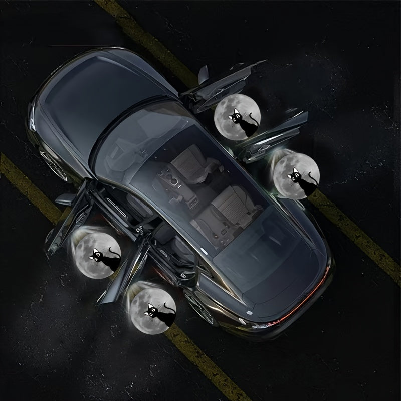 2 piezas de Luz de Bienvenida con Proyección Lunar y Gato LED - Función de Encendido Automático en la Puerta del Coche, Alimentado por Baterías (Baterías No Incluidas) - Regalo Perfecto para San Valentín, Día de la Madre, Día del Padre, Halloween y Mardi
