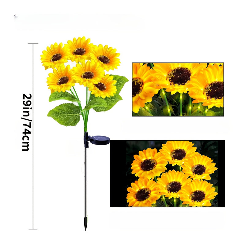 Poste verde con luces, girasol de cabeza grande, alimentado por energía solar, disponible en paquetes de uno o dos.
