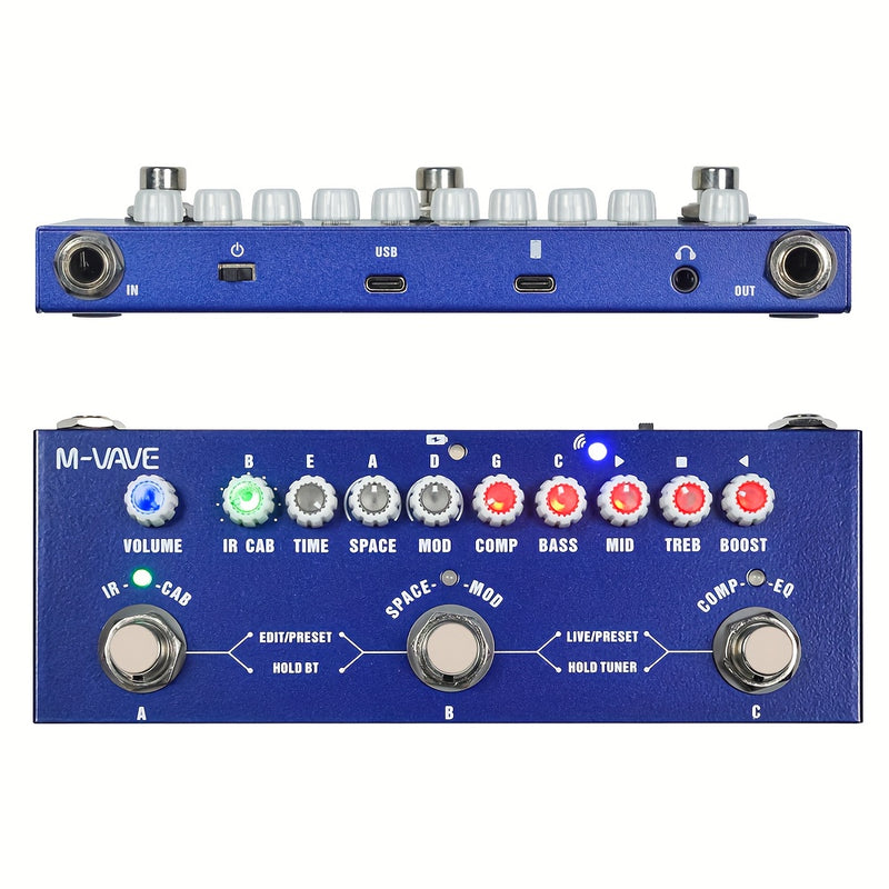 Pedal de efectos para guitarra M-VAPE Cube Baby BASS, multiefectos - con IR, 8 modelos de amplificador, delay, reverb, chorus, fase, carga USB, batería recargable de polímero, formato de señal analógica, construcción metálica, procesador de efectos para