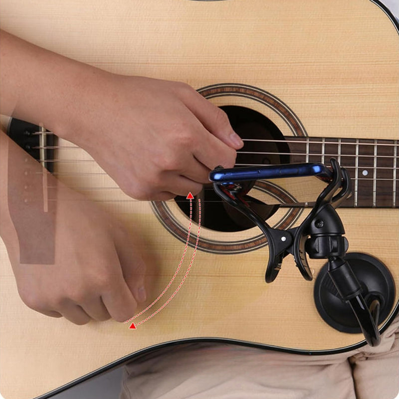 1 pieza, soporte de teléfono para guitarra giratorio de 360° con base de cuchara de succión fuerte - ABS negro, multiusos para actuaciones en vivo y video, ideal para la práctica de instrumentos y uso de escritorio, accesorio de guitarra | Soporte de tel
