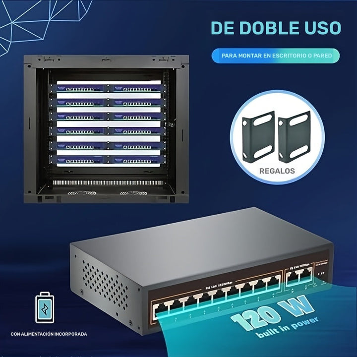 Conmutador PoE de 9 Puertos, Incluye 9 Puertos PoE y 2 Enlaces Upstream, PoE 100Mbps, IEEE802.3af/at, Fuente de Alimentación Interna de 120W, Función VLAN, Extensión de 250 Metros, Plug and Play, Metal sin Ventilador