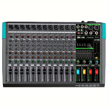 Consola de Mezcla de Audio Profesional DEPUSHENG - PA12/PA16, 12/16 Canales con Interfaz, Amplificador de Potencia, ABS Negro, Enchufe US, 110-130V