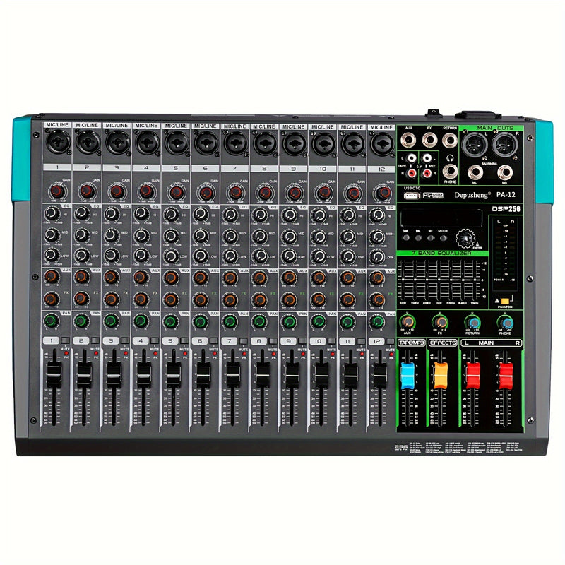 Consola de Mezcla de Audio Profesional DEPUSHENG - PA12/PA16, 12/16 Canales con Interfaz, Amplificador de Potencia, ABS Negro, Enchufe US, 110-130V