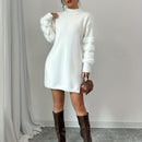 Vestido elegante de cuello alto para mujer, ajustado, midi, lavable a máquina, manga larga, color sólido, con puños acolchados, ideal para primavera/otoño, casual a semiformal, atuendo formal, estilo sofisticado, tejido con textura