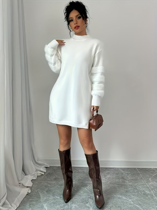 Vestido elegante de cuello alto para mujer, ajustado, midi, lavable a máquina, manga larga, color sólido, con puños acolchados, ideal para primavera/otoño, casual a semiformal, atuendo formal, estilo sofisticado, tejido con textura