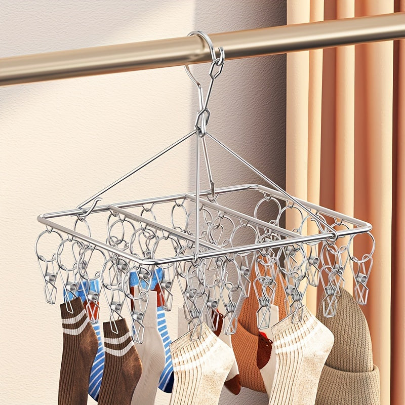 Organizador colgante de acero inoxidable resistente al viento con 20 clips, ideal para secar calcetines, ropa interior y calcetines navideños. Ahorro de espacio para colgar ropa y solución de secado, adecuada para el hogar y el dormitorio, estantes de se